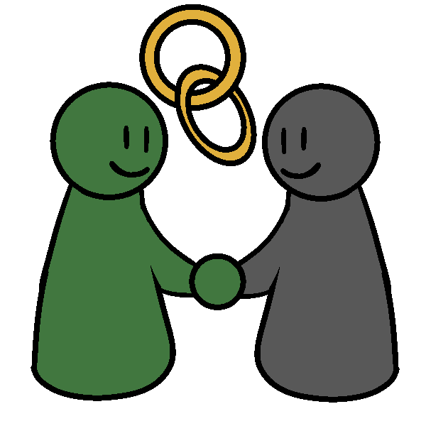  A green figure and a grey figure holding hands and smiling, with a heart between them. 